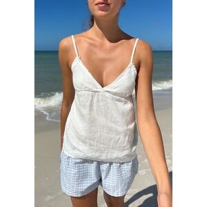 Brandy Melville EDITH White 100% Linen Cami Tank Top Tie Back Lace‎ Trim New